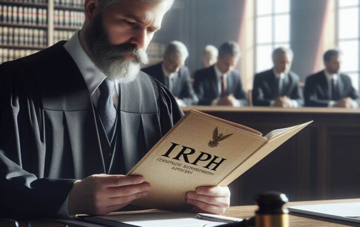 Un Juez, en una Gran Sala, analizando un documento titulado IRPH