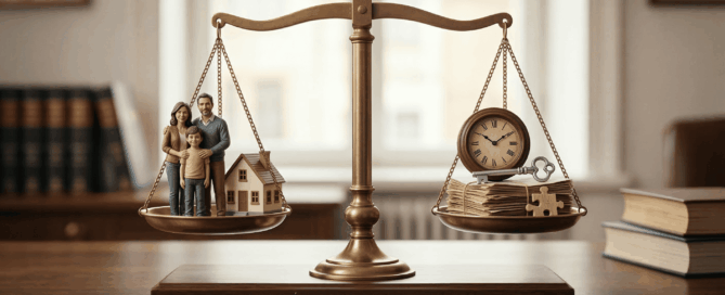 Ilustración legal que representa la balanza judicial equilibrando los criterios para decidir la custodia de los hijos, con el menor en el centro.