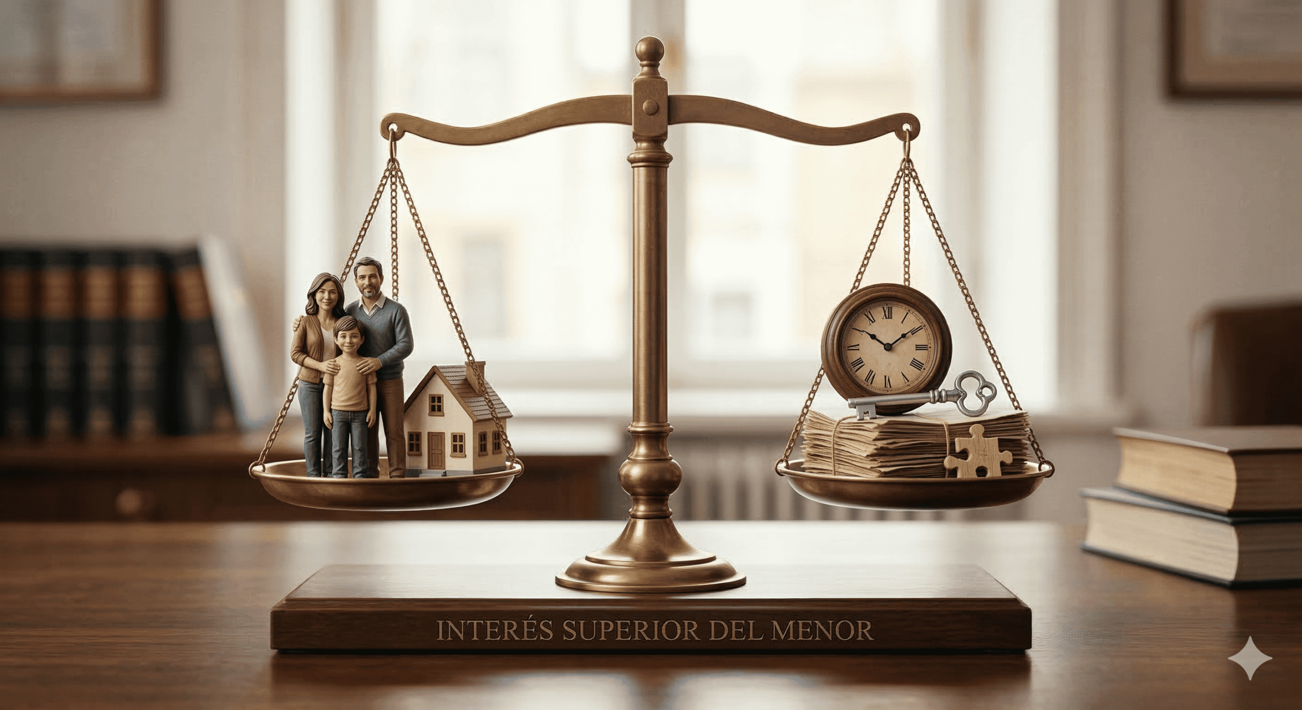 Ilustración legal que representa la balanza judicial equilibrando los criterios para decidir la custodia de los hijos, con el menor en el centro.