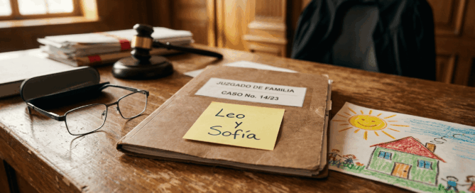 Carpeta judicial con nombres de niños en un post-it, simbolizando la humanización de la justicia según @LadyCrocs.