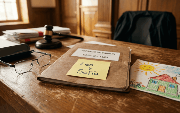 Carpeta judicial con nombres de niños en un post-it, simbolizando la humanización de la justicia según @LadyCrocs.