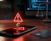 Teléfono móvil mostrando una alerta de fraude bancario junto a una balanza de la justicia, ilustrando el SMS Spoofing.