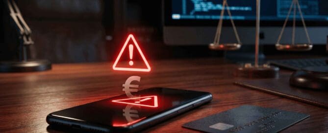 Teléfono móvil mostrando una alerta de fraude bancario junto a una balanza de la justicia, ilustrando el SMS Spoofing.