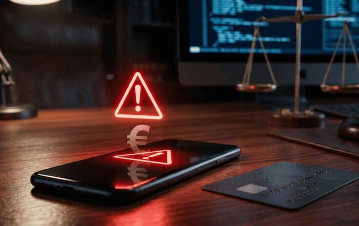 Teléfono móvil mostrando una alerta de fraude bancario junto a una balanza de la justicia, ilustrando el SMS Spoofing.