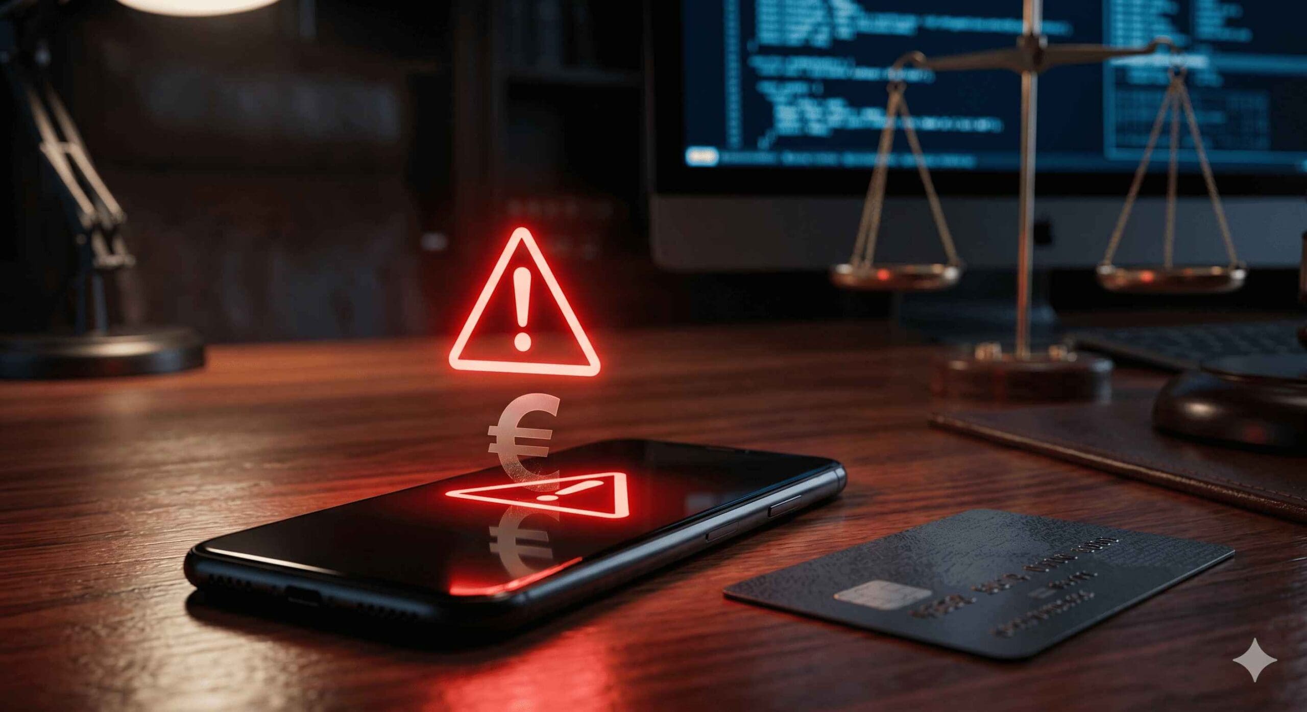 Teléfono móvil mostrando una alerta de fraude bancario junto a una balanza de la justicia, ilustrando el SMS Spoofing.