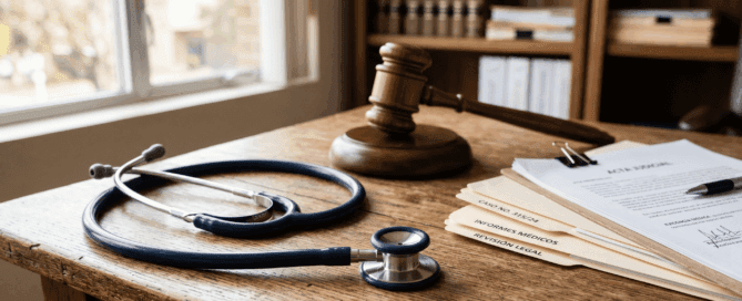 Estetoscopio sobre un escritorio de madera junto a un mazo de juez y documentos legales, simbolizando la relación entre derecho y salud