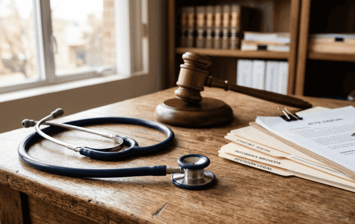 Estetoscopio sobre un escritorio de madera junto a un mazo de juez y documentos legales, simbolizando la relación entre derecho y salud