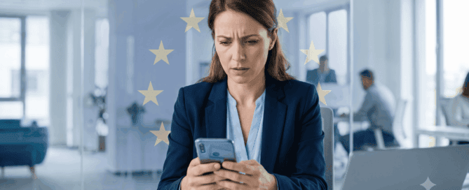 Persona revisando su teléfono móvil con preocupación tras ser víctima de phishing bancario, con símbolo de la Unión Europea de fondo representando la protección europea al consumidor