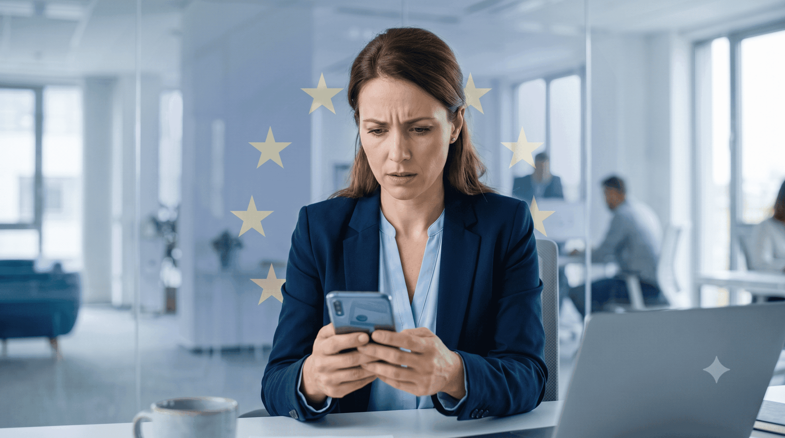 Phishing bancario y protección del consumidor en Europa — Conclusiones del TJUE Persona revisando su teléfono móvil con preocupación tras ser víctima de phishing bancario, con símbolo de la Unión Europea de fondo representando la protección europea al consumidor