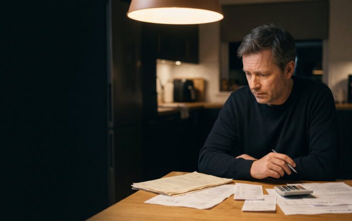 Hombre revisando en la mesa de la cocina su convenio regulador y sus nóminas antes de decidir si pide una modificación de medidas