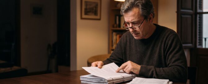 Consumidor revisando la escritura de su préstamo hipotecario en busca de la cláusula del seguro de vida de prima única